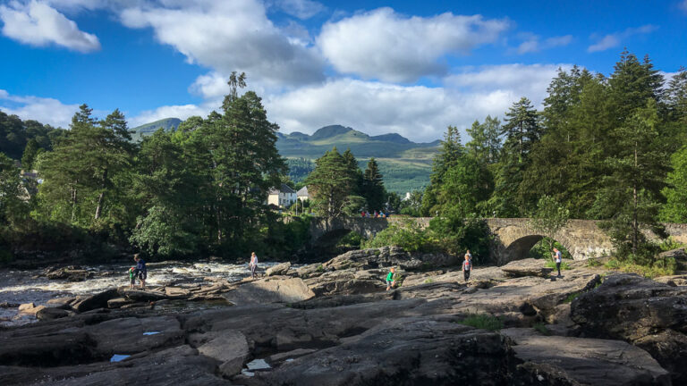 A wide view of the Falls of Dochart